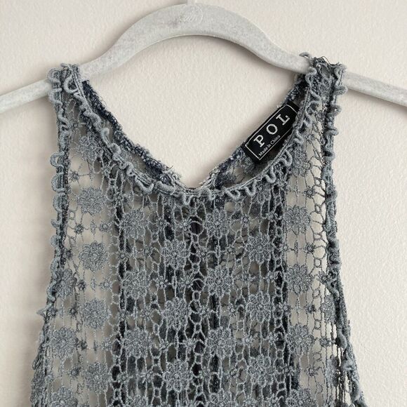 POL Womens Gray Crochet Tank Top Open Back Size Medium Girly Boho Festival - Picture 2 of 11